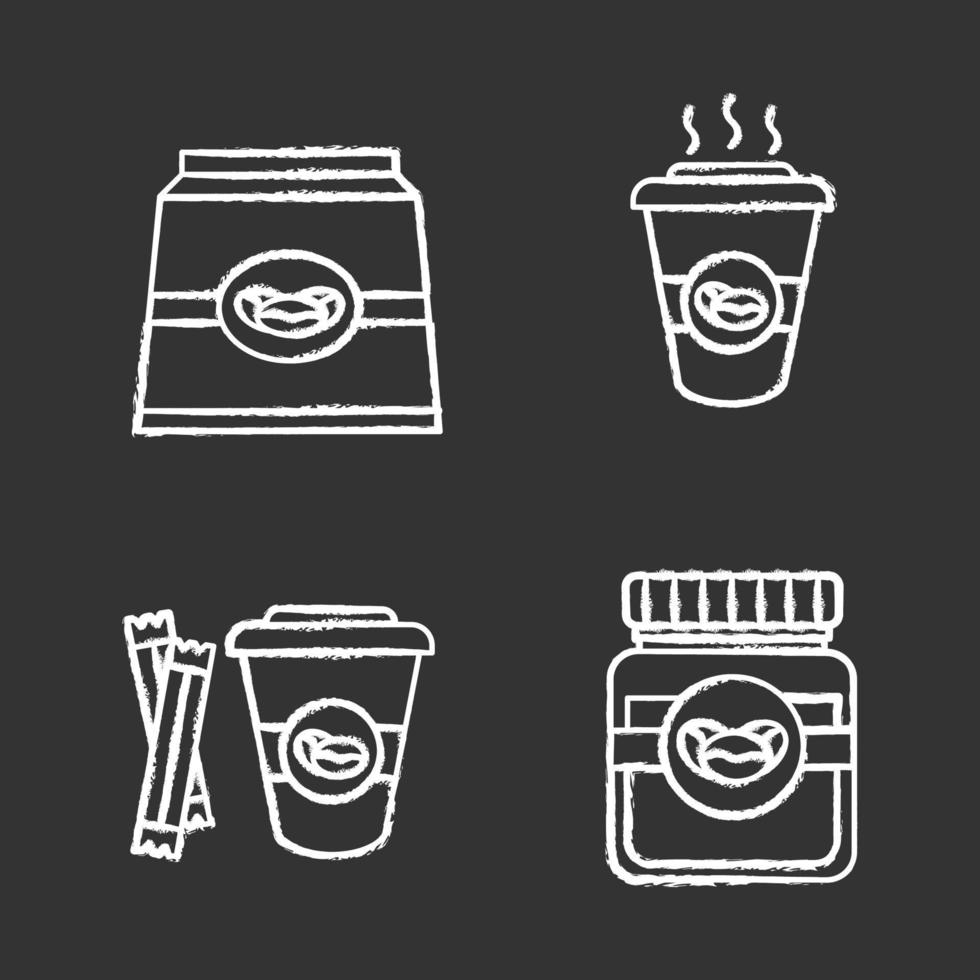 Coffee chalk icons set. Coffee paper pack, glass jar and hot drink with sugar. Isolated vector chalkboard illustrations