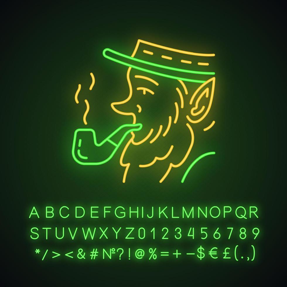 Leprechaun with pipe neon light icon. Irish mythology character. Saint Patrick Day. Glowing sign with alphabet, numbers and symbols. Vector isolated illustration