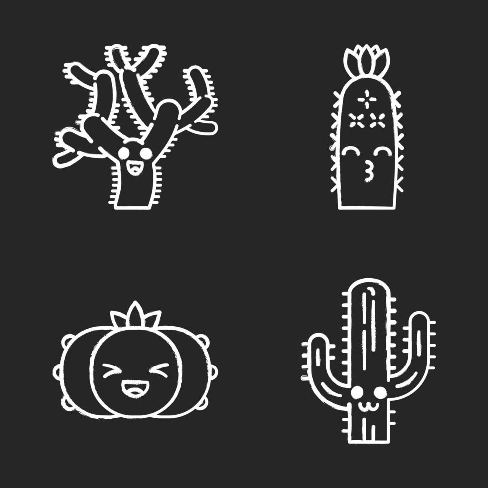 conjunto de iconos de tiza de cactus. plantas con caras sonrientes. cactus peyote risueño, osito de peluche cholla. besando erizo cactus salvajes. plantas suculentas. Ilustraciones de vector pizarra