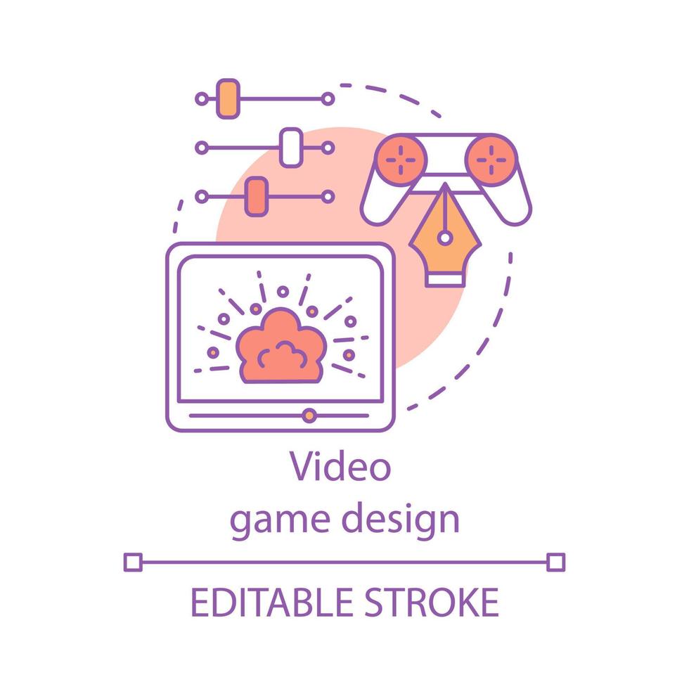 Video game design concept icon. Gamepad screen, controller, sliders. User interface creation. Change settings idea thin line illustration. Vector isolated outline drawing. Editable stroke