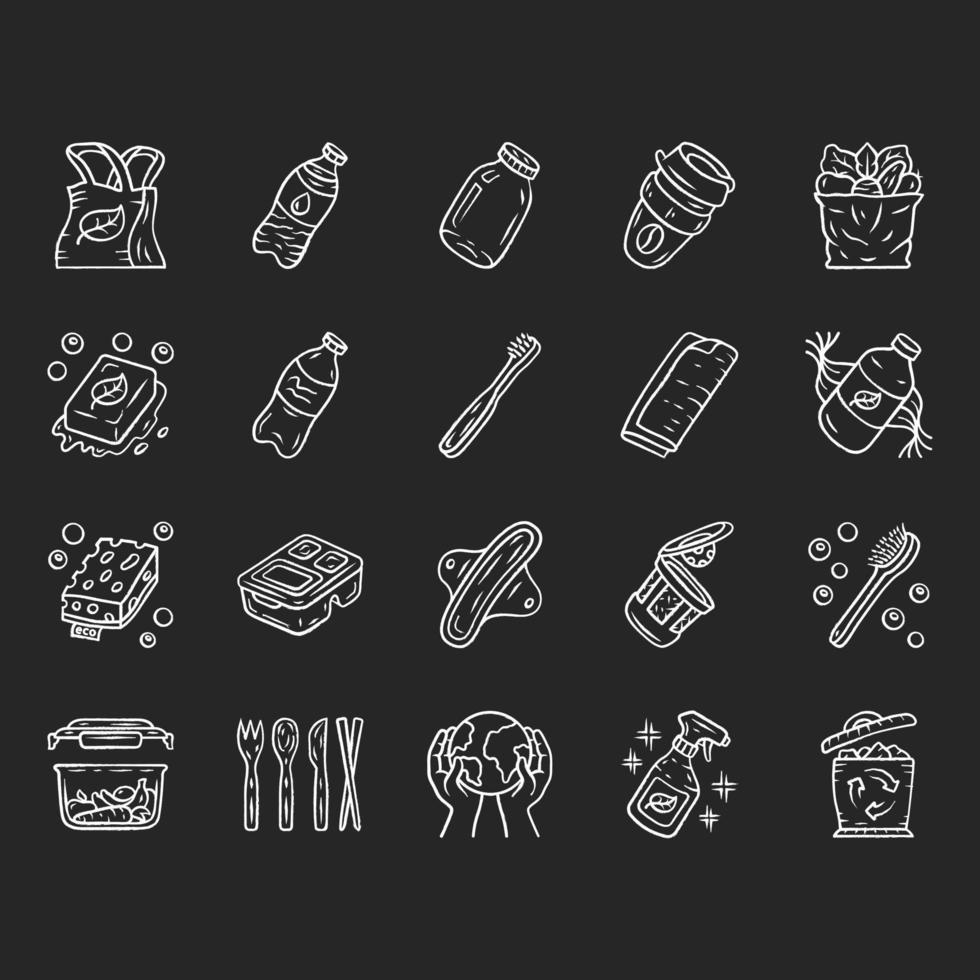 Zero waste swaps handmade chalk icons set. Organic, sustainable products. Reusable, recycle, environmentally friendly materials. Eco bag, soap, shampoo. Isolated vector chalkboard illustrations