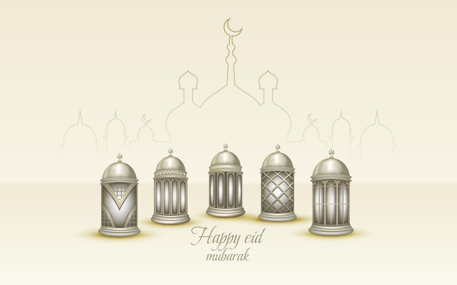 Islamic greeting eid mubarak card template, background with lantern vector