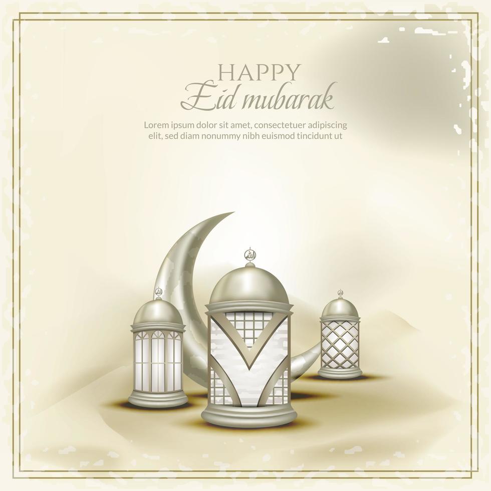 Islamic greeting eid mubarak card template, background with lantern and crescent moon vector