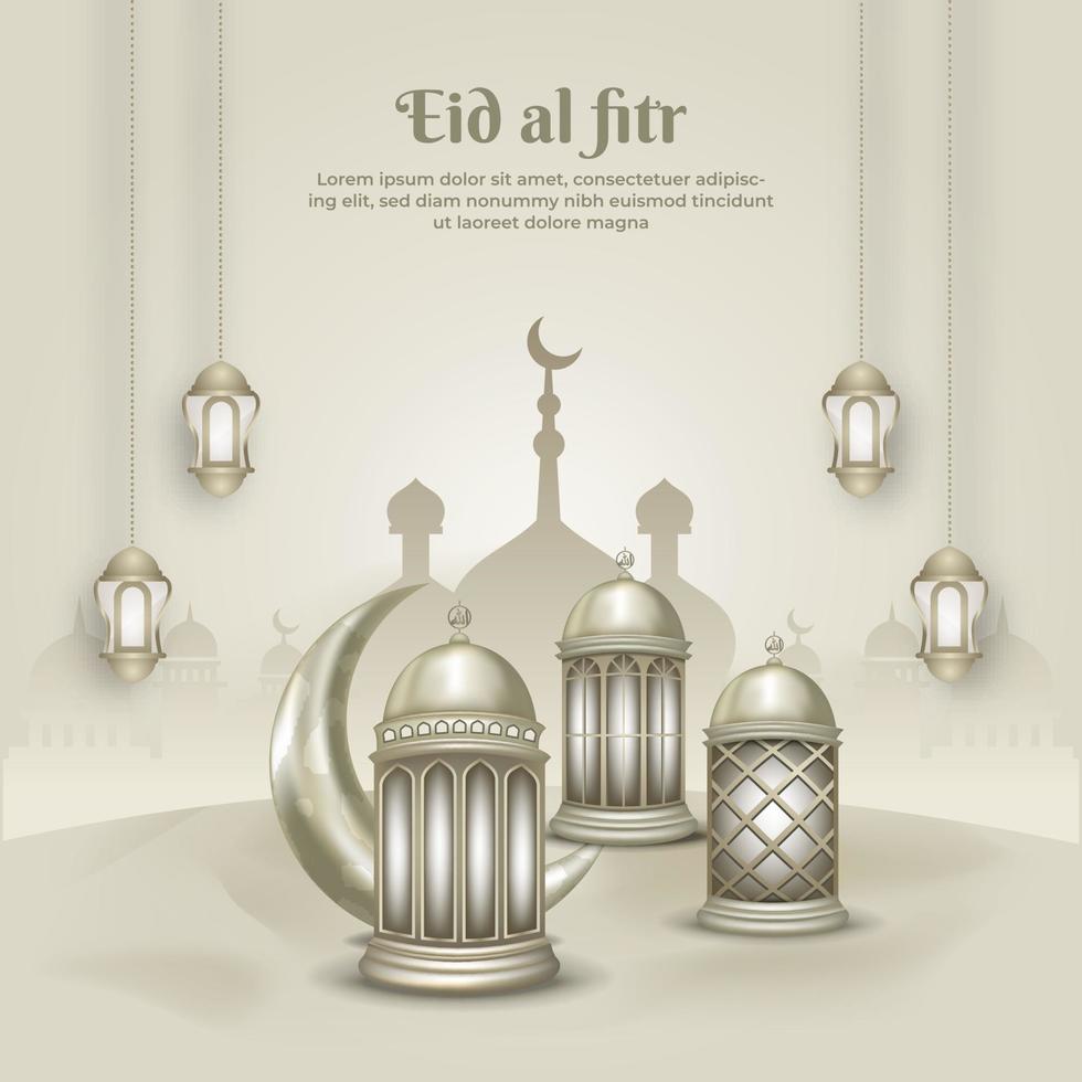 Islamic greeting eid mubarak card template, background with lantern and crescent moon vector
