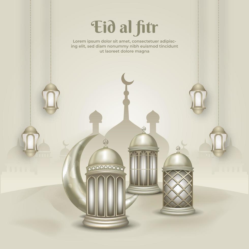 plantilla de tarjeta de saludo islámico eid mubarak, fondo con linterna y luna creciente vector