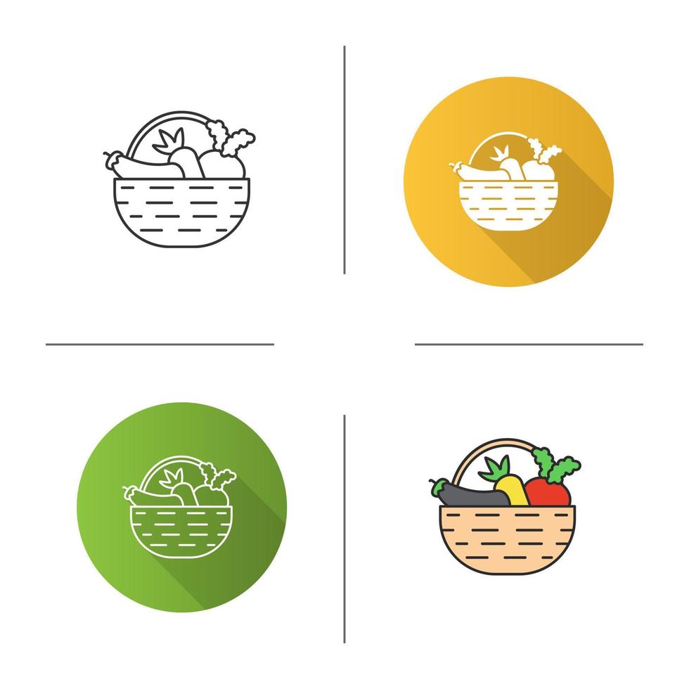 Basket with vegetables icon. Flat design, linear and color styles. Autumn harvest. Carrot, eggplant, beetroot. Isolated vector illustrations