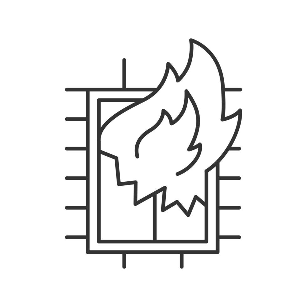 House on fire linear icon. Burning broken window. Thin line illustration. Contour symbol. Vector isolated outline drawing