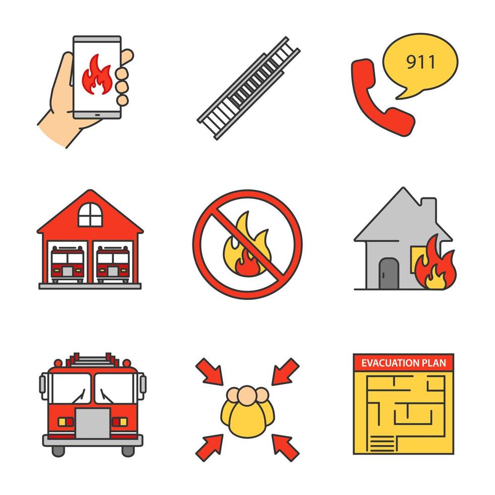 conjunto de iconos de color de extinción de incendios. llamada de emergencia, escalera de doble extensión, estación de bomberos con motores, plan de evacuación, punto de reunión, prohibición de hogueras, casa en llamas. ilustraciones de vectores aislados