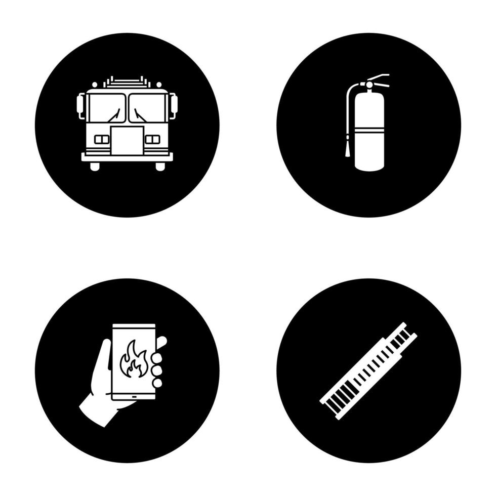 conjunto de iconos de glifo de extinción de incendios. coche de bomberos, escalera de doble extensión, extintor, llamada de emergencia. ilustraciones de siluetas blancas vectoriales en círculos negros vector