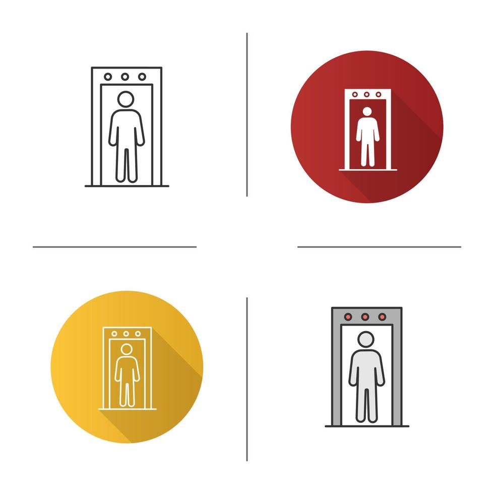 Metal detector portal icon. Airport security scanner with person inside. Flat design, linear and color styles. Isolated vector illustrations