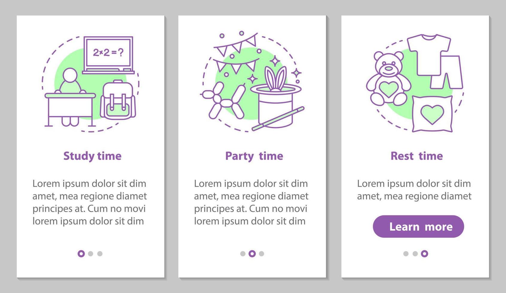 Study, party and rest time onboarding mobile app page screen with linear concepts. Daily student schedule steps graphic instructions. UX, UI, GUI vector template with illustrations