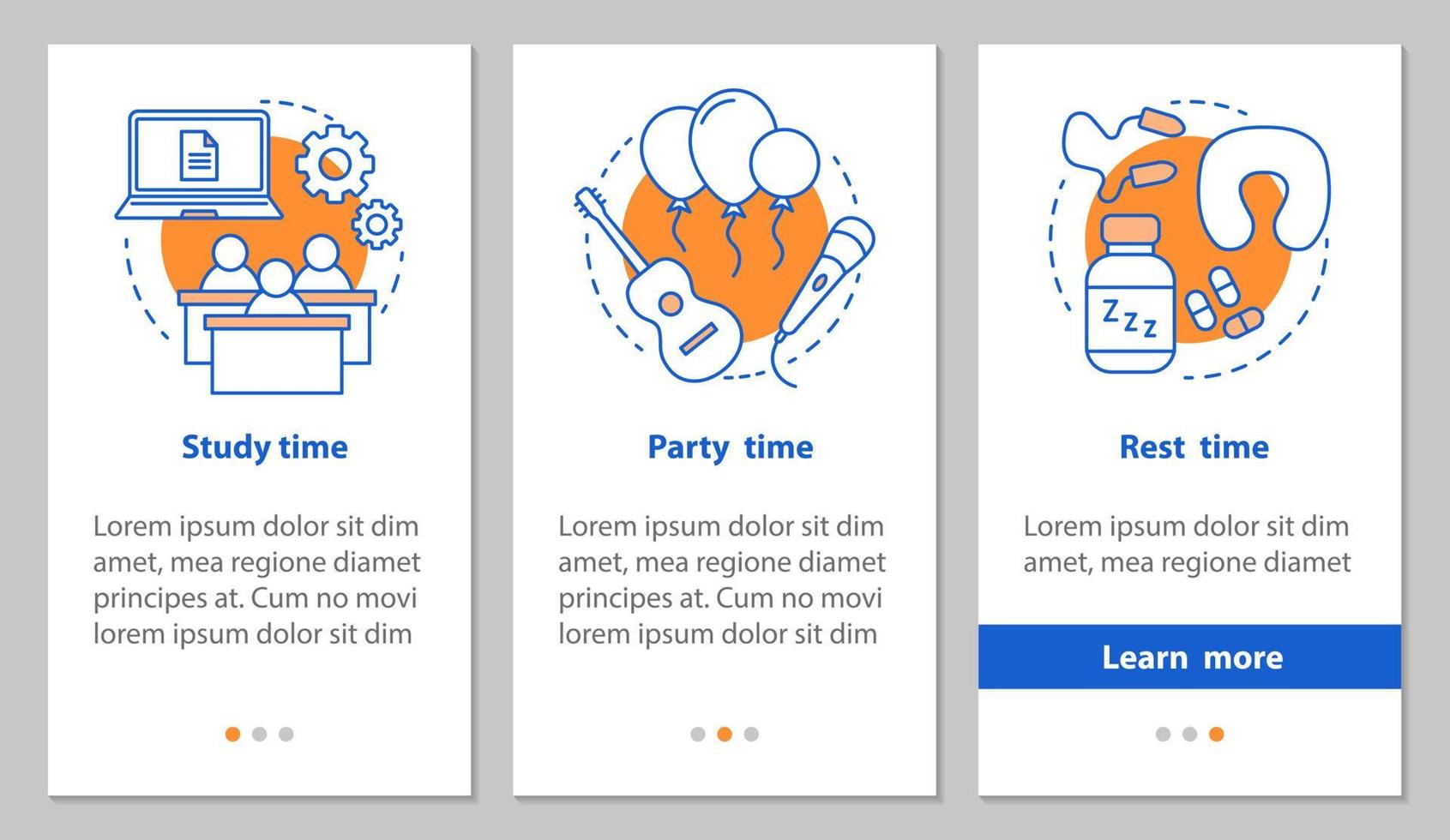 Study, party and rest time onboarding mobile app page screen with linear concepts. Daily student schedule steps graphic instructions. UX, UI, GUI vector template with illustrations