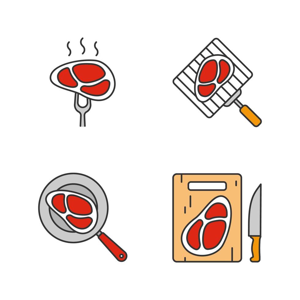 Meat preparation color icons set. Grilling, frying and cutting meat steaks. Isolated vector illustrations