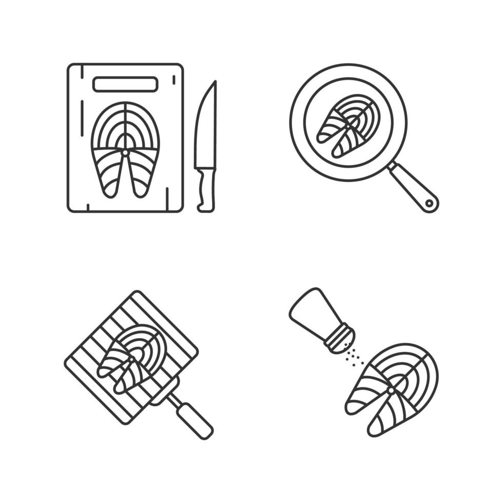 conjunto de iconos lineales de preparación de pescado. cortar, freír, asar a la parrilla, salar filetes de pescado. símbolos de contorno de línea delgada. Ilustraciones de vectores aislados