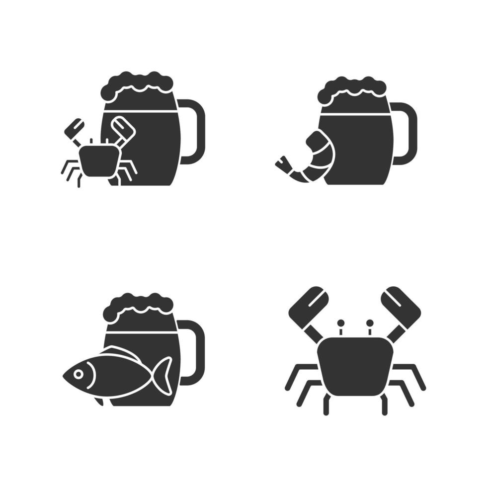 Beer seafood snacks glyph icons set. Ale with fish, shrimp, crab. Silhouette symbols. Vector isolated illustration