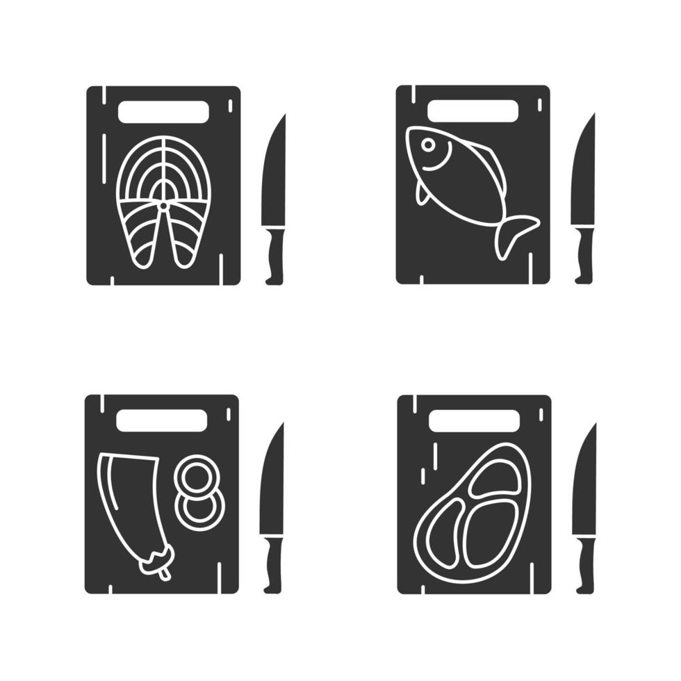 Food cutting glyph icons set. Cutting boards with salmon fish, eggplant, meat steak. Silhouette symbols. Vector isolated illustration