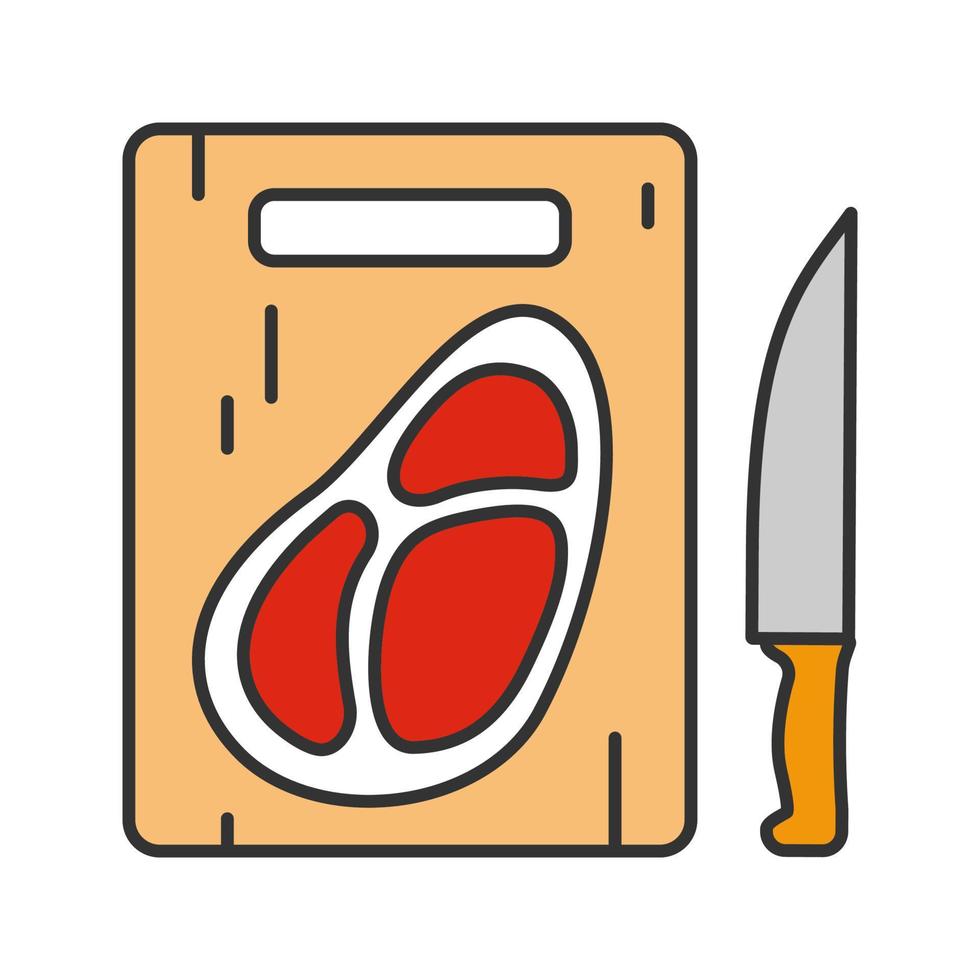 Steak on cutting board with knife color icon. Isolated vector illustration