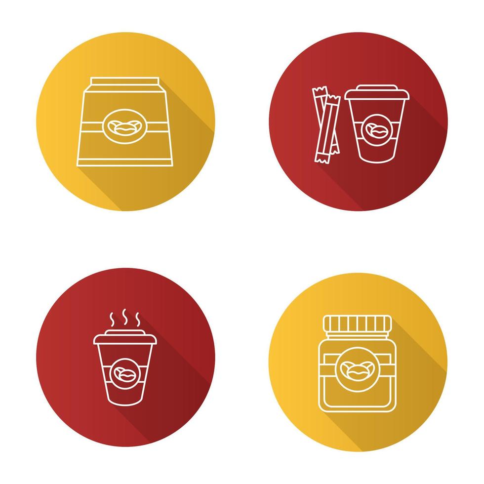 Coffee flat linear long shadow icons set. Coffee paper pack, glass jar and hot drink with sugar. Vector outline illustration