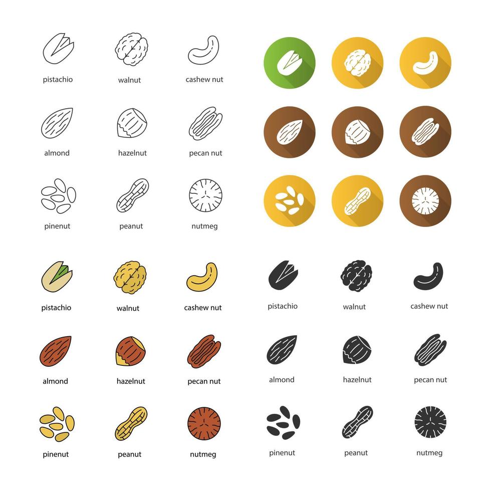 Spices icons set. Flavoring, seasoning. Linear, flat design, color and glyph styles. isolated vector illustrations