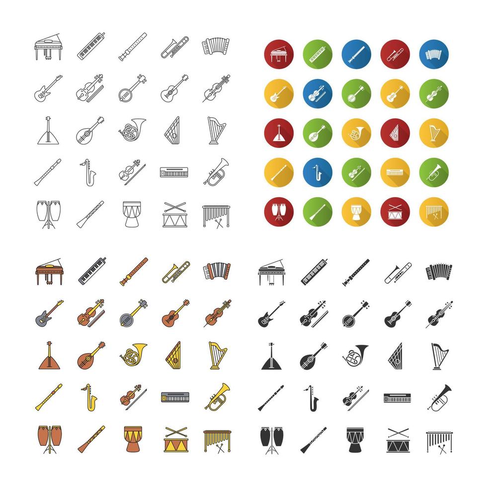 Musical instruments icons set. Orchestra equipment. Stringed, wind, percussion instruments. Linear, flat design, color and glyph styles. isolated vector illustrations