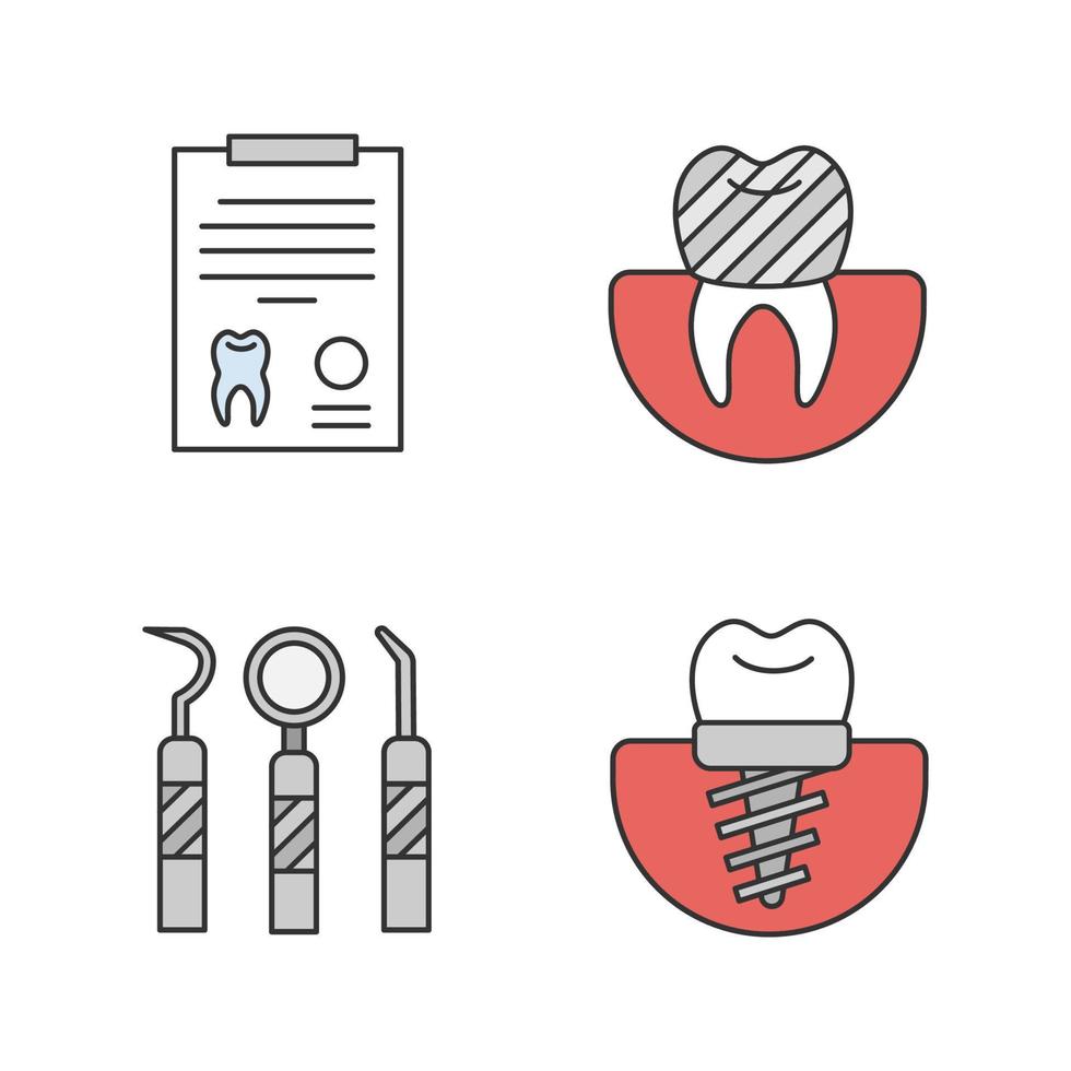 conjunto de iconos de colores de odontología. estomatología. informe de diagnóstico, implante dental y corona, instrumentos dentales. ilustraciones de vectores aislados