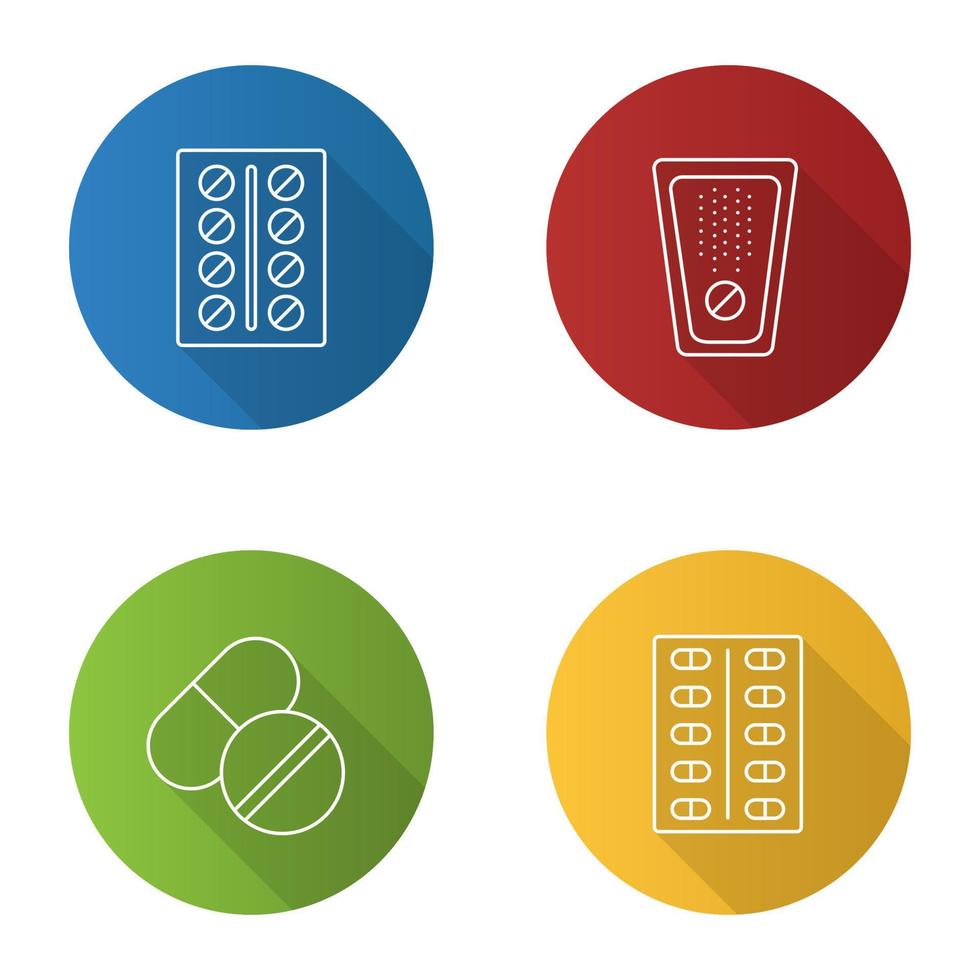 Pills flat linear long shadow icons set. Medications. Vector outline illustration