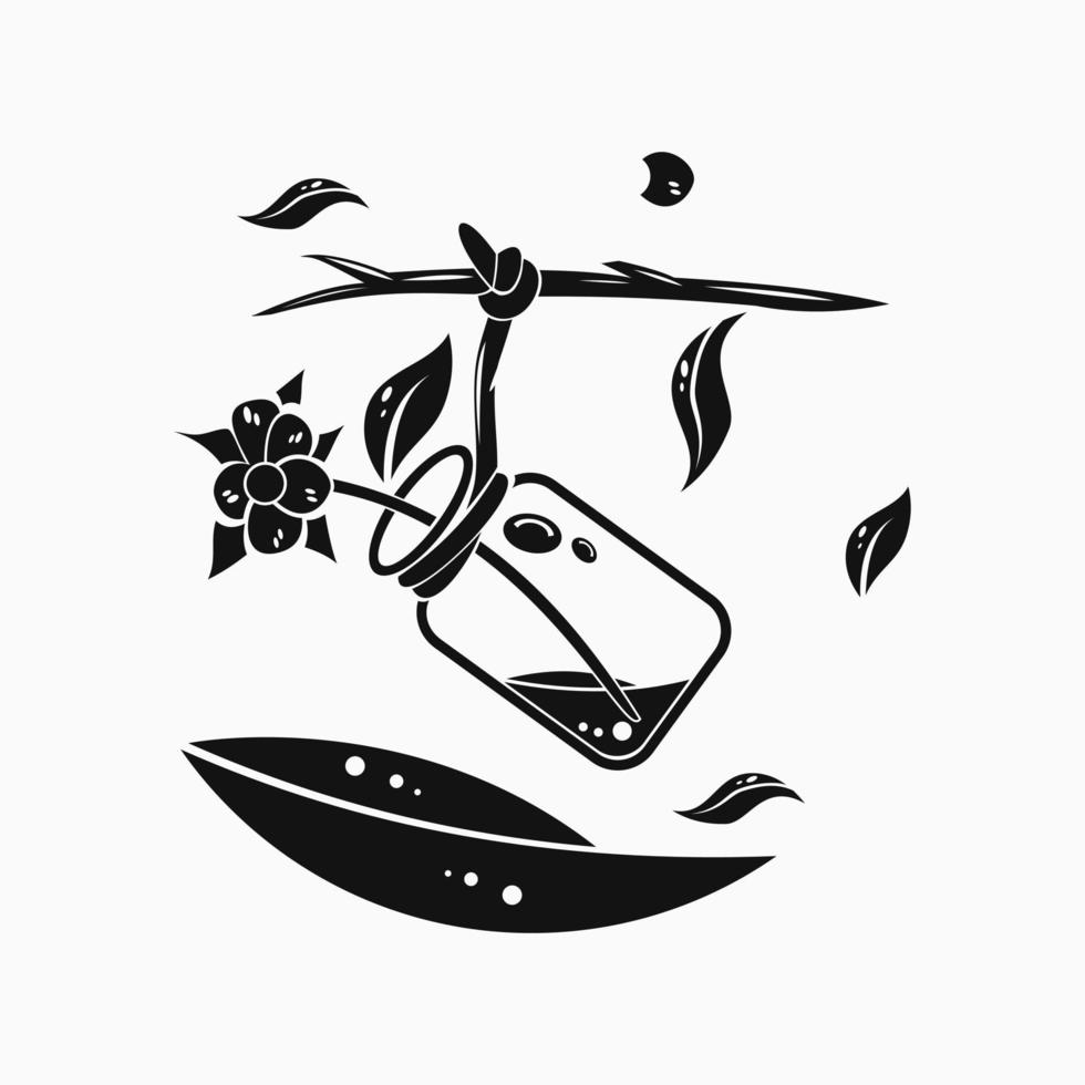 line art illustration. flowers in a glass vase and tied to a branch. black and white. for decoration vector