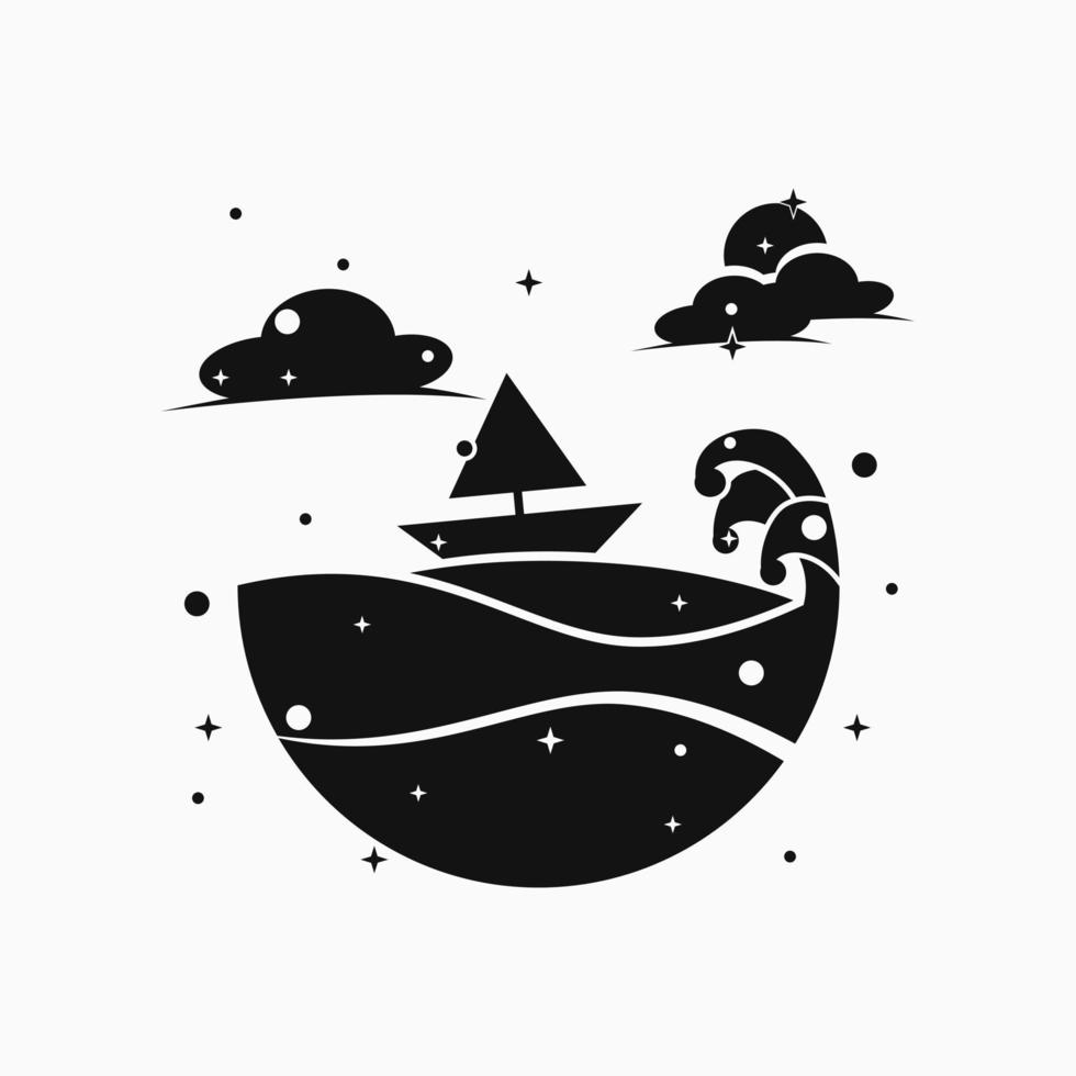 ilustración de barco en el mar con estrellas, luna y nubes. en blanco y negro. adecuado para decoración, papel tapiz y diseño de camisetas vector