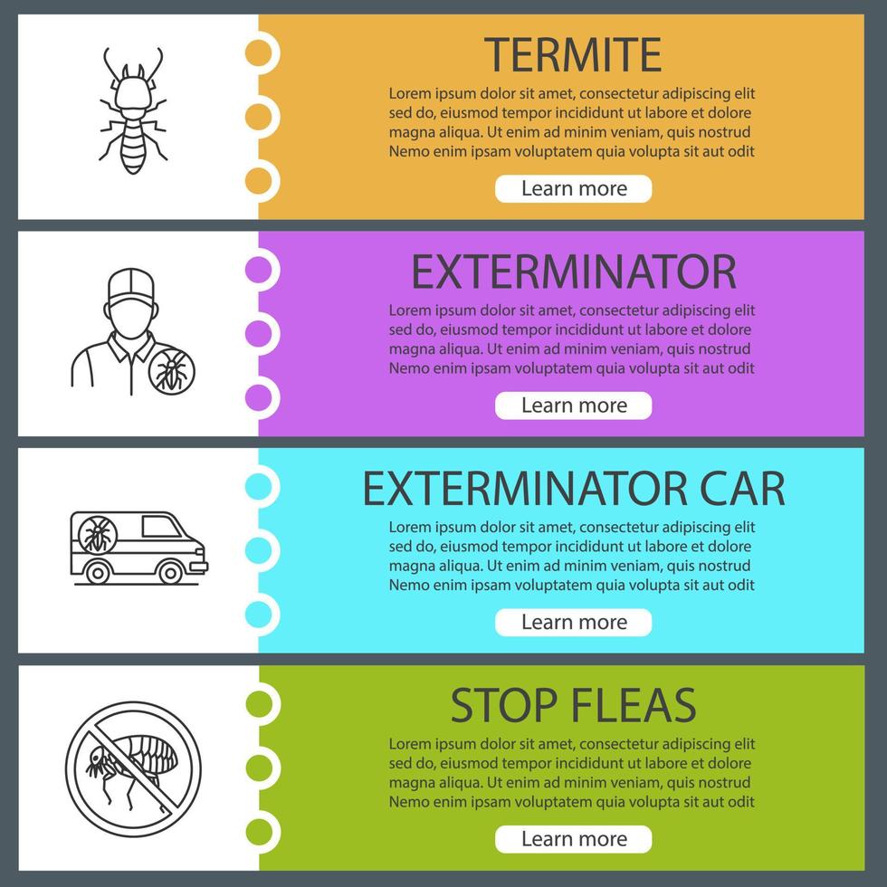 Pest control web banner templates set. Termite, exterminator's car, stop fleas. Website color menu items. Vector headers design concepts