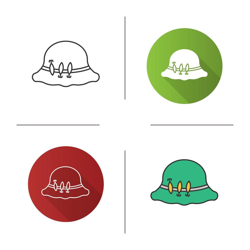 Fisherman's hat with hooks icon. Flat design, linear and color styles. Fishing equipment. Isolated vector illustrations