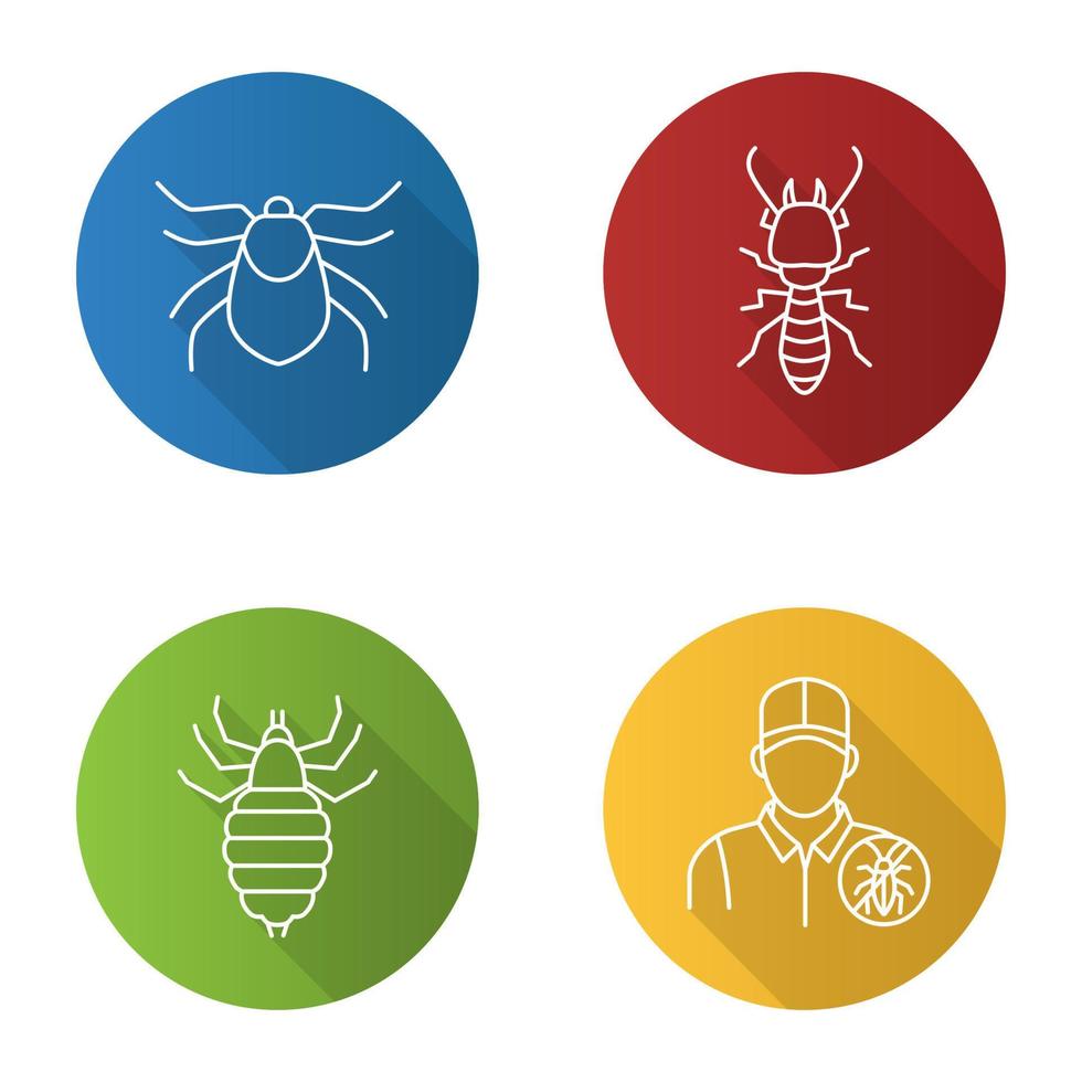Pest control flat linear long shadow icons set. Mite, termite, louse, exterminator. Vector outline illustration