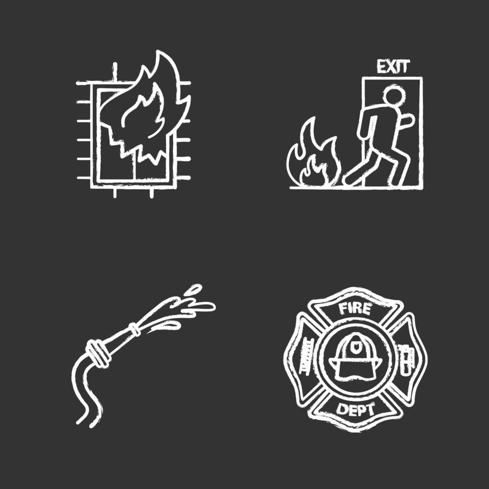 Firefighting chalk icons set. House on fire, firefighters badge, garden hose, emergency exit. Isolated vector chalkboard illustrations