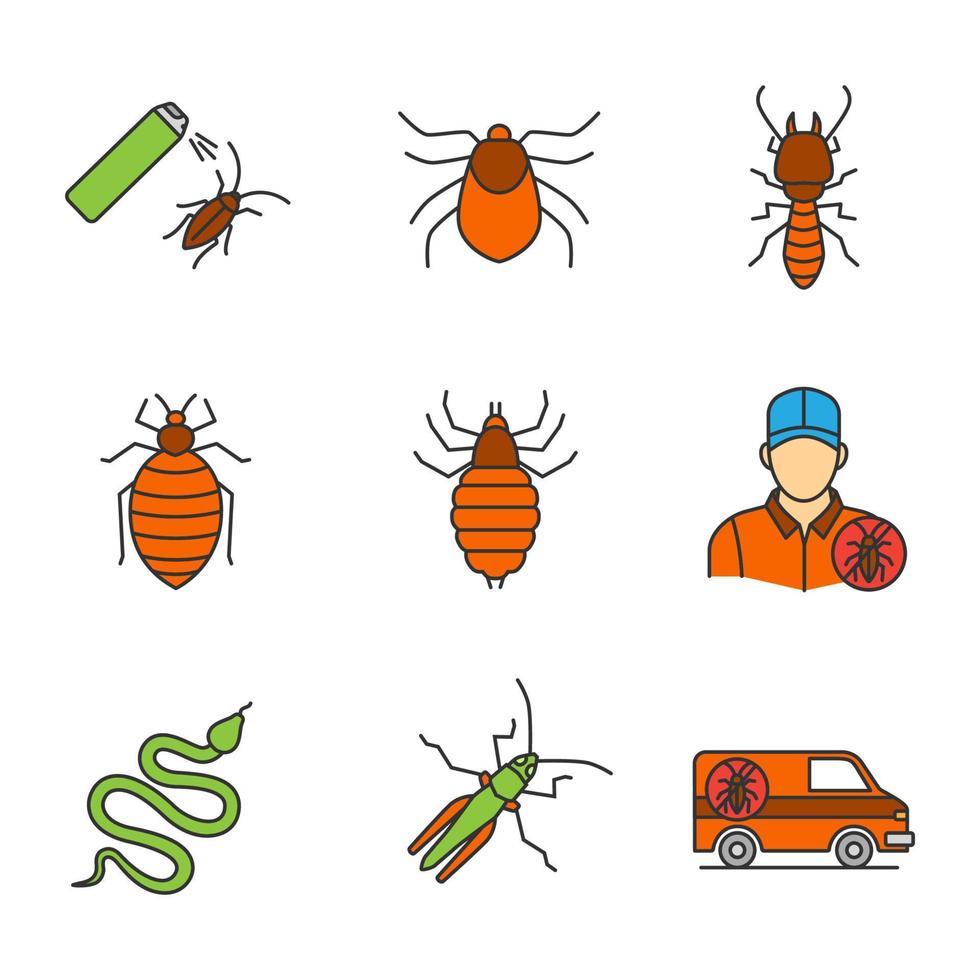 Pest control color icons set. Cockroaches repellent, bed bug, louse, termite, snake, grasshopper, exterminator's car, mite. Isolated vector illustrations