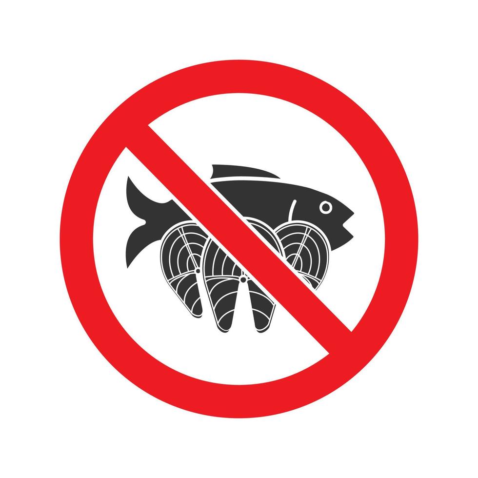 signo prohibido con icono de glifo de salmón. detener el símbolo de la silueta. mariscos en círculo de prohibición. espacio negativo. ilustración vectorial aislada vector