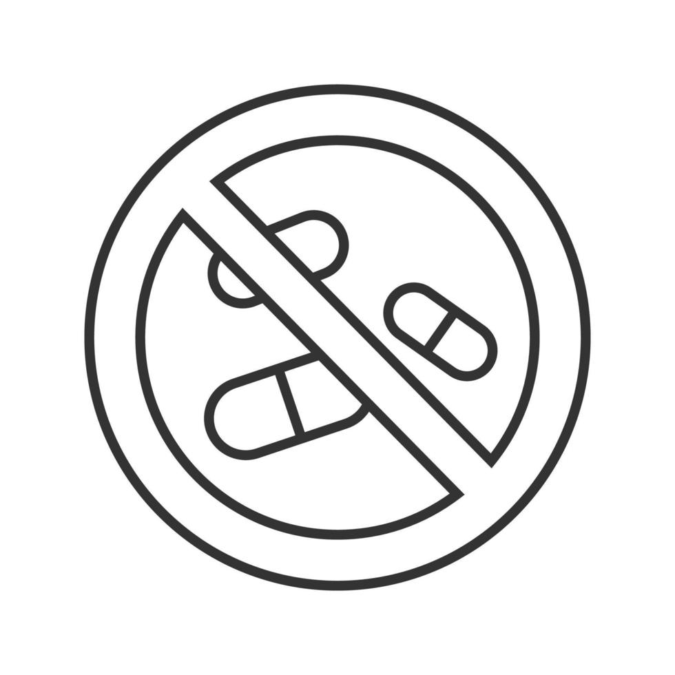 Forbidden sign with pills linear icon. Thin line illustration. No drugs prohibition. Stop contour symbol. Vector isolated outline drawing