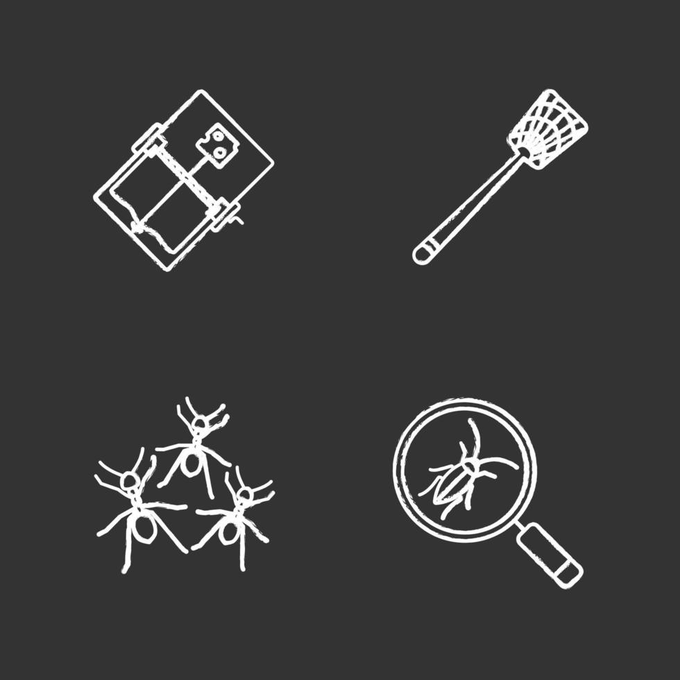 Pest control chalk icons set. Cockroach searching, fly-swatter, mouse trap, ants. Isolated vector chalkboard illustrations