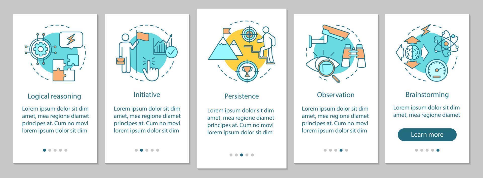 Mental skills onboarding mobile app page screen vector template. HR soft qualities walkthrough website steps. Observation, initiative, brainstorming. UX, UI, GUI smartphone interface concept