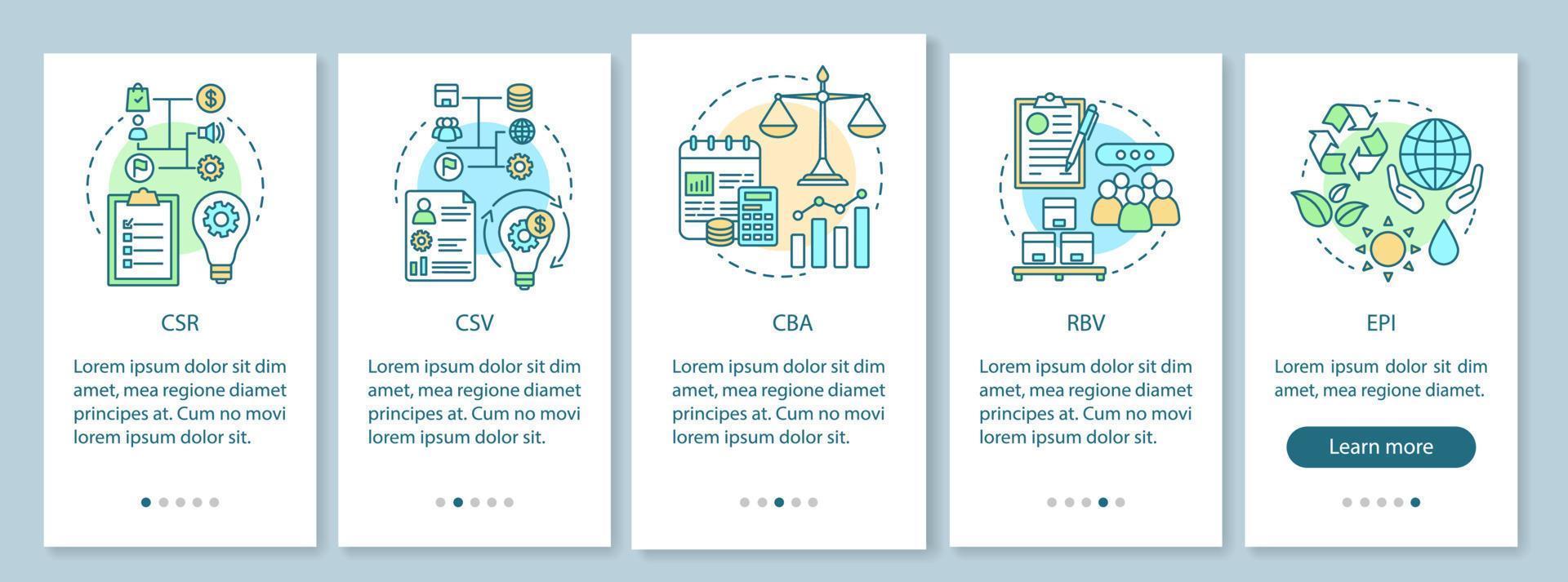 conceptos de negocio incorporación de plantilla de vector de pantalla de página de aplicación móvil. csr. principios corporativos. ética de negocios. paso a paso del sitio web con ilustraciones lineales. interfaz de teléfono inteligente ux, ui, gui