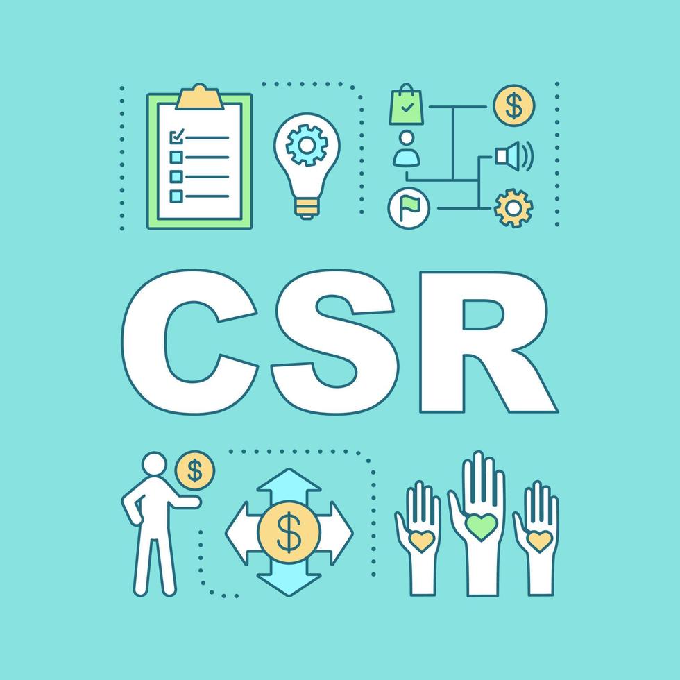 CSR word concepts banner. Financial planning. Corporate social responsibility. Marketing campaign. Business planning and development. Isolated lettering typography. Vector outline illustration