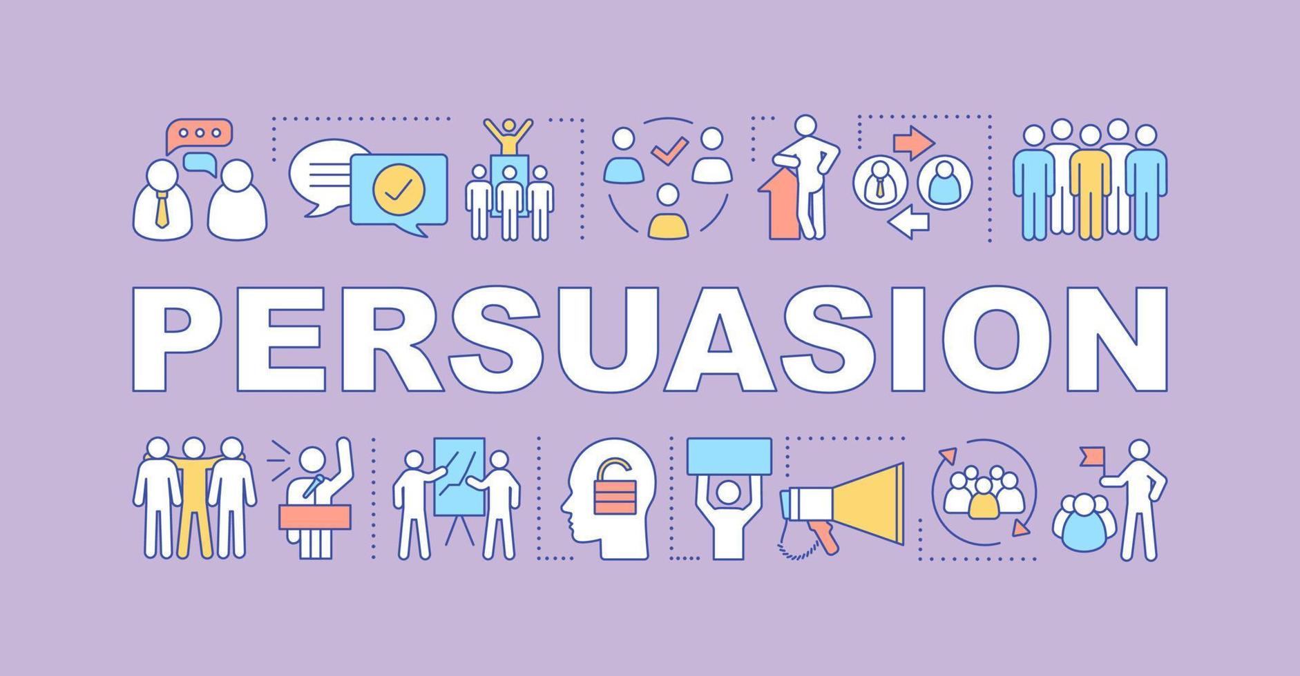 Persuasion word concepts banner. Team building. Leadership skills. Teamwork, partnership. Colleagues interaction. Isolated lettering idea with linear icons. Vector outline illustration