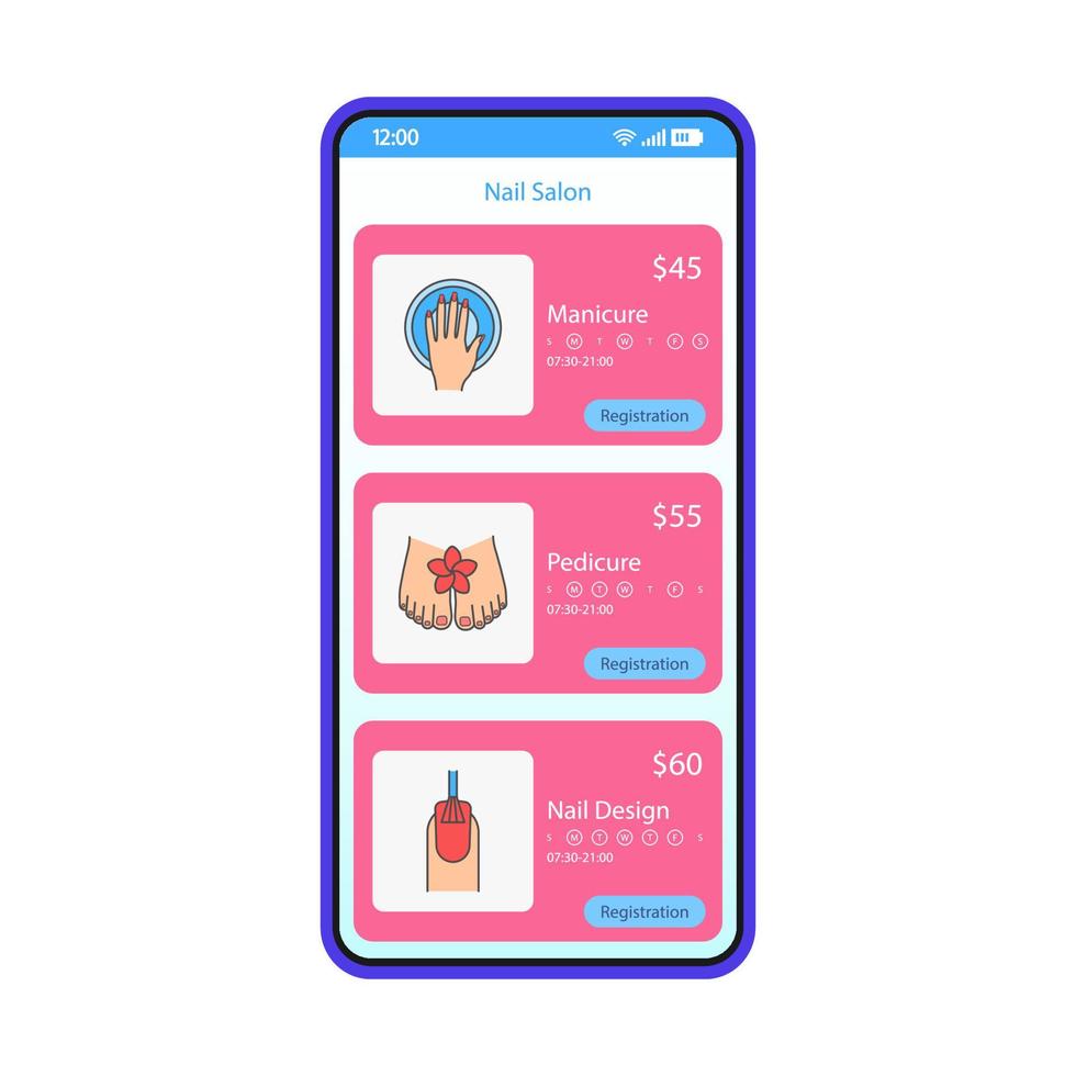 Nail salon smartphone interface vector template. Mobile app page blue design layout. Manicure, pedicure, polish design services screen. Flat UI for application. Beauty procedures list on phone display