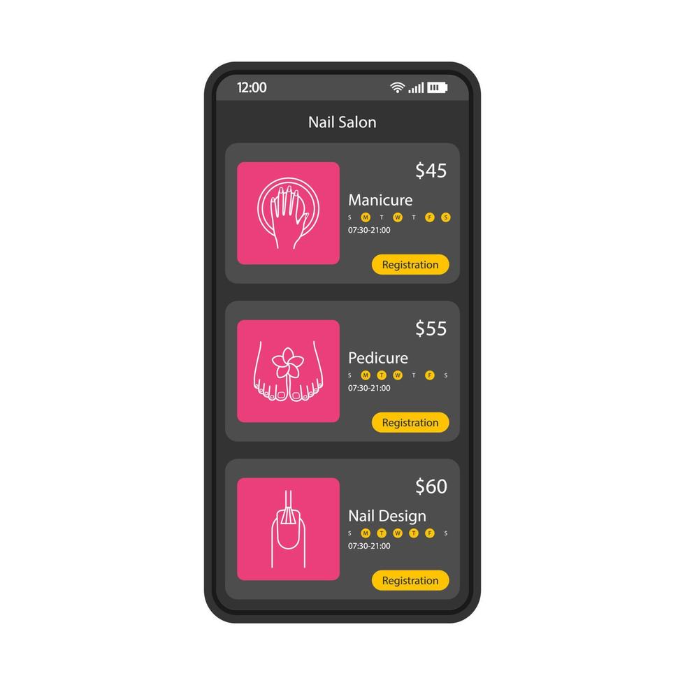 Beauty salon smartphone interface vector template. Mobile app page black design layout. Manicure, pedicure, nail design services screen. Flat UI for application. Spa procedures list on phone display