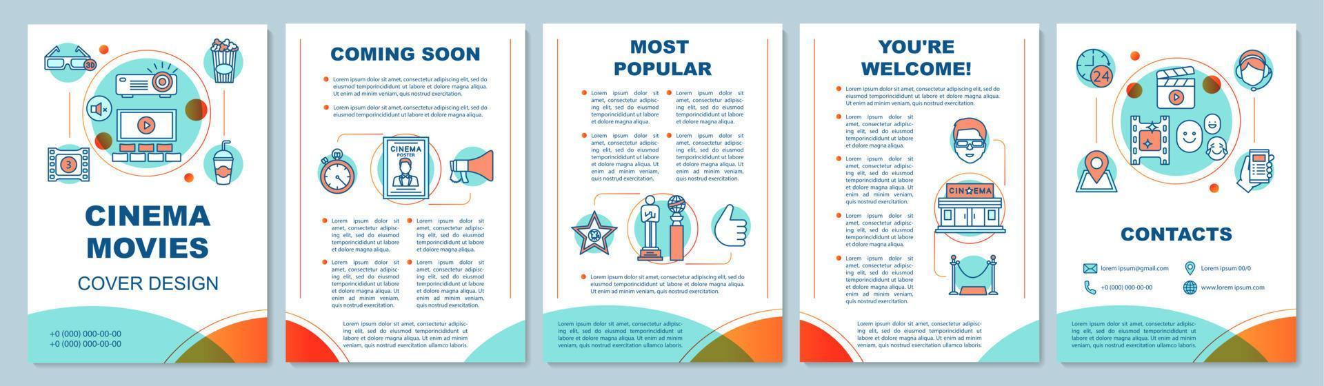 Cinema movie brochure template layout. Event in theatre. 3d film premiere. Flyer, booklet print design with linear illustrations. Vector page layouts for magazines, annual reports, advertising posters