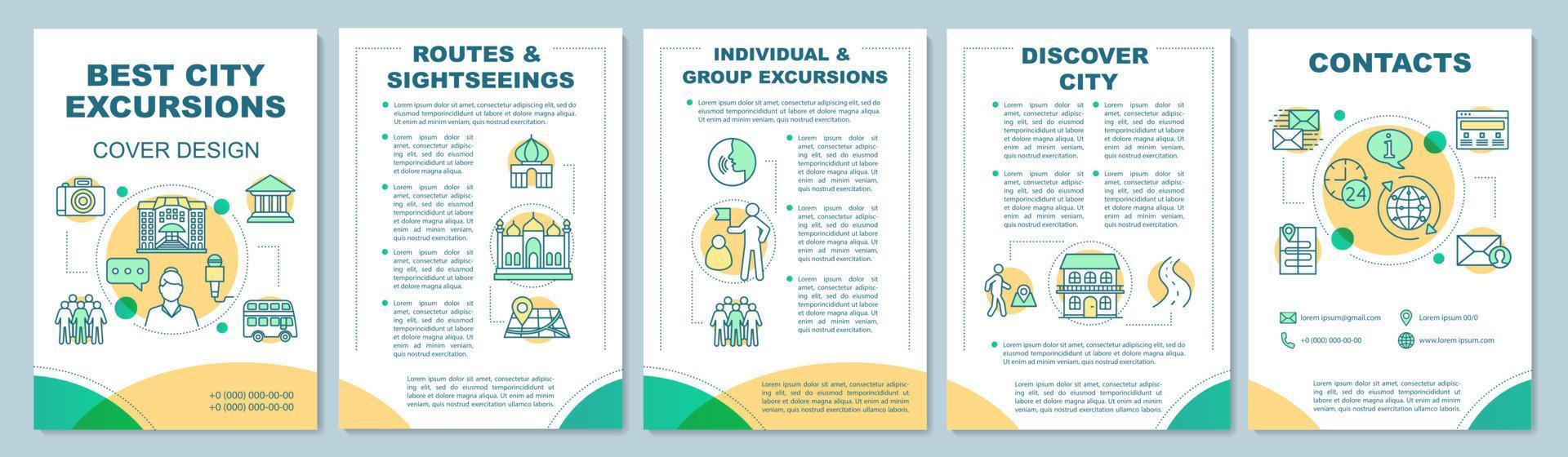 Excursion brochure template layout. City route. Tourism, sightseeing. Flyer, booklet print design with linear illustrations. Vector page layouts for magazines, annual reports, advertising posters