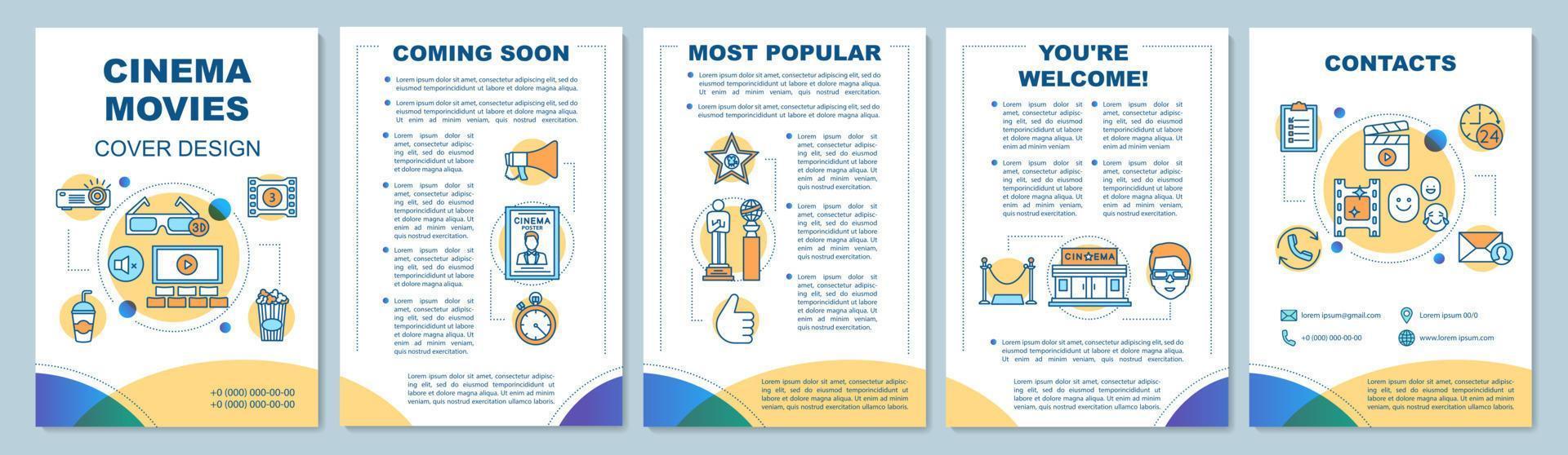 Cinema movie brochure template layout. Event in theatre. 3d film premiere. Flyer, booklet print design with linear illustrations. Vector page layouts for magazines, annual reports, advertising posters