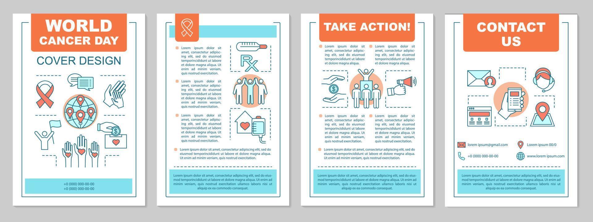 World cancer day brochure template layout. Oncology. Cancer awareness and prevention. Flyer, booklet, leaflet print design. Global health. Vector page layouts for magazines, annual reports, posters