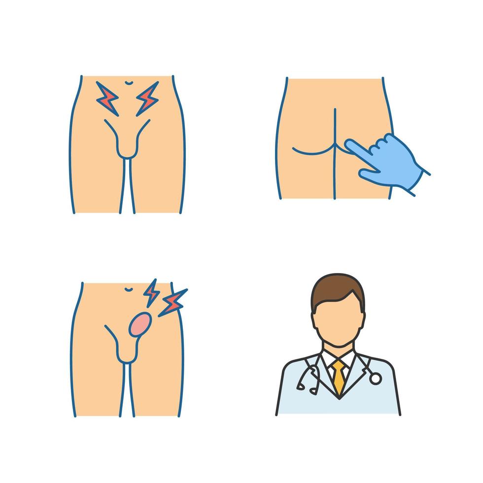 conjunto de iconos de color de salud de los hombres. diagnóstico de cáncer de próstata, tacto rectal, hernia inguinal, urólogo. dolor en la ingle y abultamiento, médico, infertilidad masculina. ilustraciones de vectores aislados