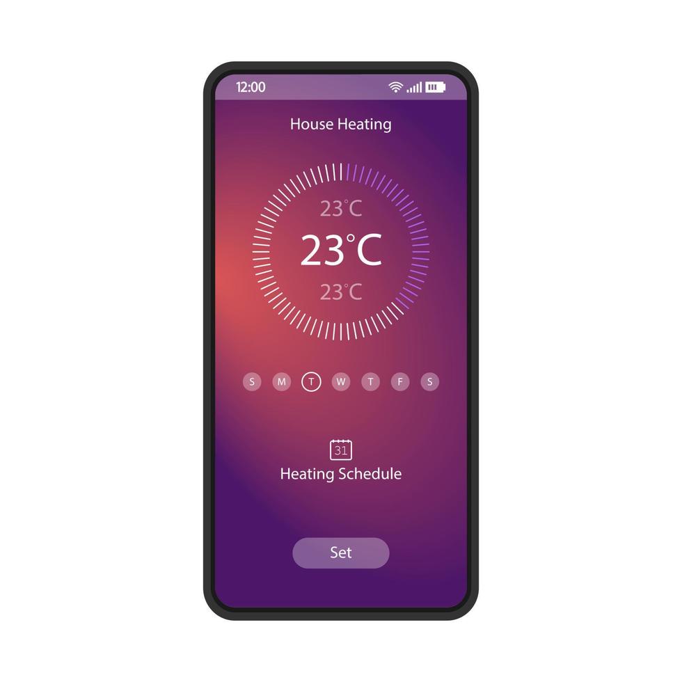 House heating control app smartphone interface vector template. Mobile page black design layout. Remote heat controller application screen. Gradient flat UI. Smart home software on phone display