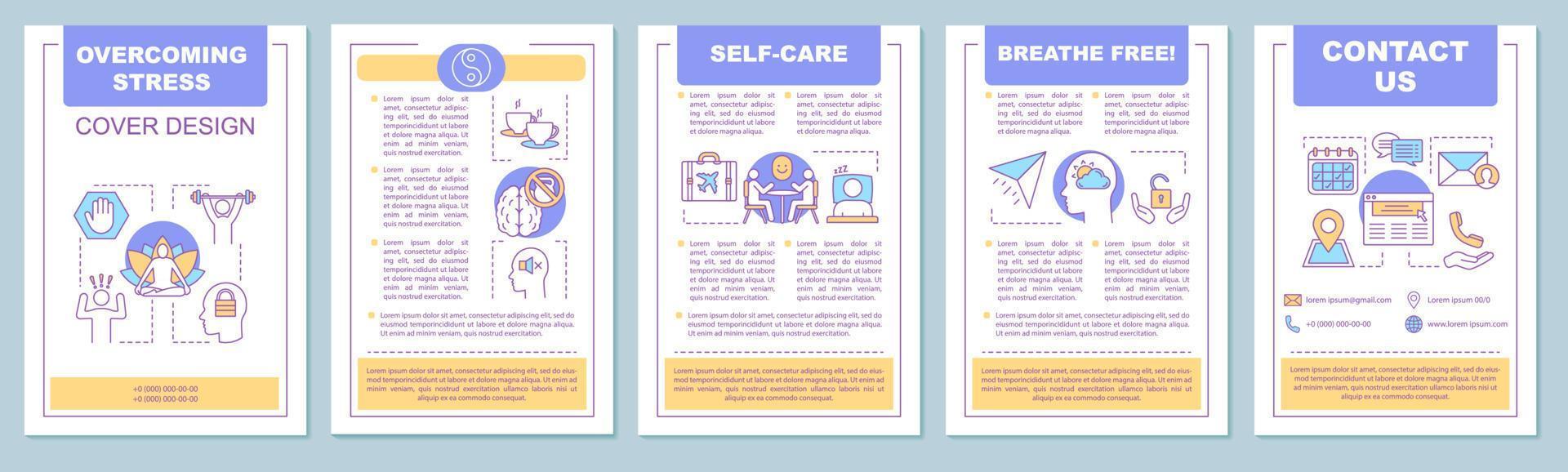 Stress overcoming brochure template layout. Emotions control. Flyer, booklet, leaflet print design with linear illustrations. Mental health. Vector page layouts for magazines, annual reports, posters