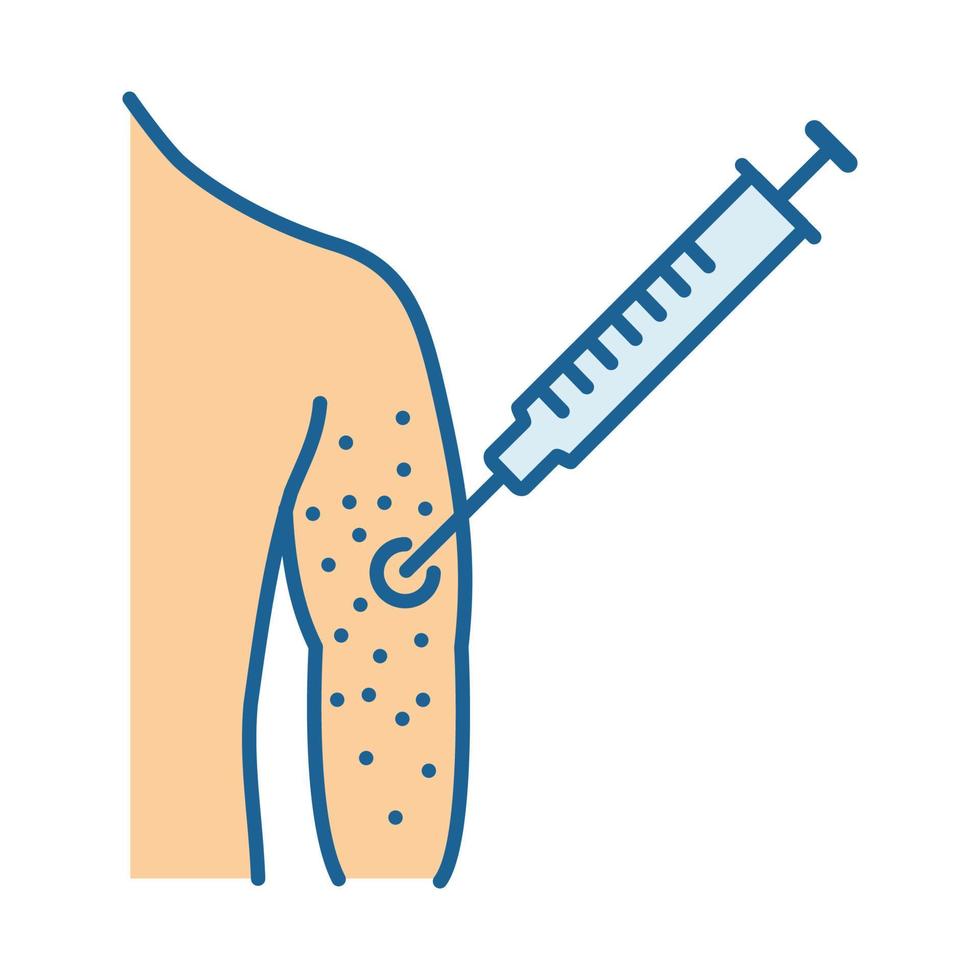 Vaccine allergy color icon. Vaccination injection. Syringe in arm. Drug injecting. Skin rash, irritation. Isolated vector illustration